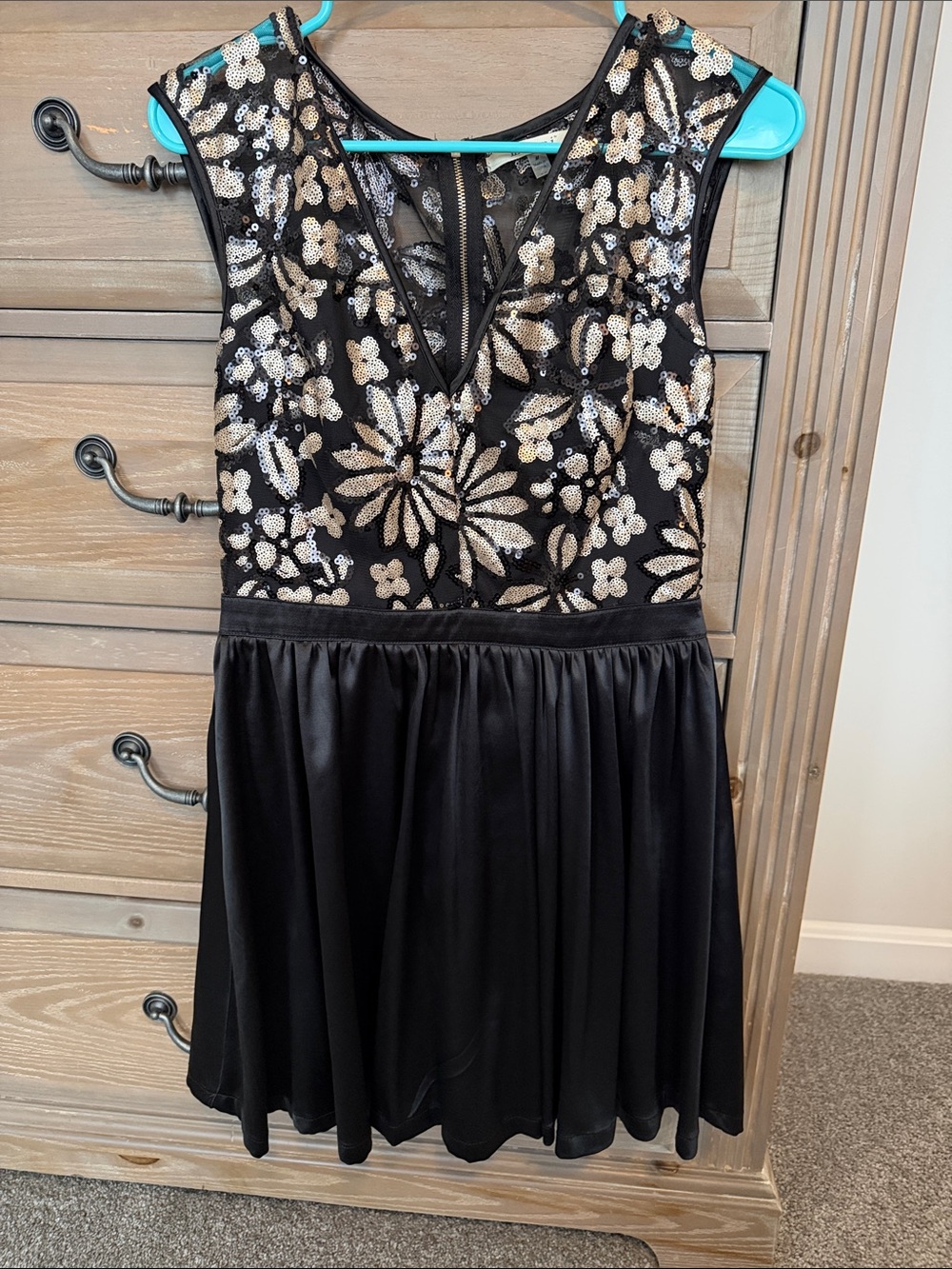 miami Black Mini Dress with Gold Sequin Floral Bodice